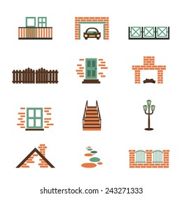 Set of vector house elements isolated. Home icons in flat style. Building symbol - window, door, car, fence, garage, stairs, fireplace, path, brick, building, balcony