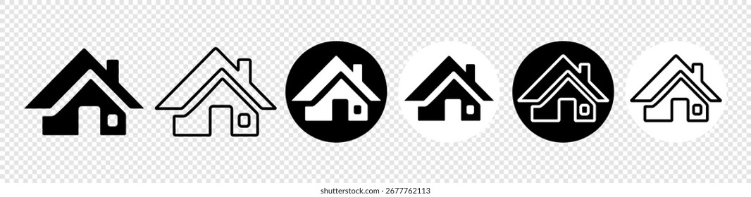Set of vector house icons on transparent background, black and white home symbols in different styles, minimal outline and solid pictograms for web design, apps, real estate or interface