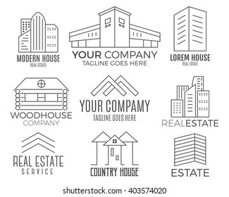 Set of vector house logo designs, real estate icon suitable for info graphics, websites and print media. Vector, flat icon, badges, labels, clip art. Line art style. Thin line design.