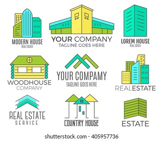 Set of vector house logo designs, real estate icon suitable for info graphics, websites and print media. Vector, flat icon, badges, labels, clip art. Lineart style. Thin line design. Color design.