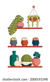 A set of vector house plants on the shelves. The composition of homemade succulents in beautiful pots.
