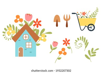 Set of vector house with spring elements isolated on white background. For product design, holiday decoration, postcards and more. Vector illustration.