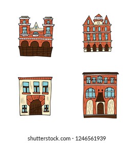 Set of vector houses in doodle style. Collection of buildings isolated on white background.