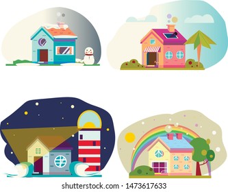 Set of vector houses in four different kinds, lighthouse, tropical life, happy rainbow, snow winter theme