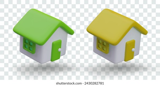Set of vector houses with green and yellow roof. Isolated vector buildings in 3D style
