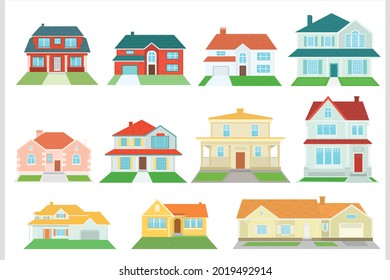 Conjunto de casas vectoriales sobre un fondo blanco. Edificios residenciales americanos.