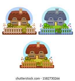 Set of vector houses with a thatch, a lawn and a fence in front. Cute yard. Cozy home in blue and brown colors. Warm village illustration. Summer landscape