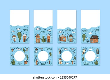 Set of vector houses, trees and clouds. composition in doodle style.
