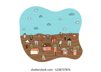 Set of vector houses, trees and clouds. composition in doodle style.