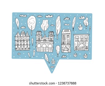 Set of vector houses, trees and clouds. Composition in doodle style on speech bubble.