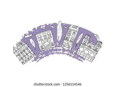 Set of vector houses, trees and clouds. Composition in doodle style.