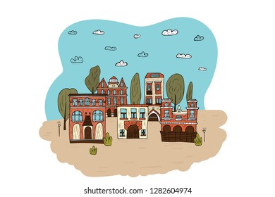 Satz von Vektorhäusern, Bäumen und Wolken. Straßenkomposition im Dodle-Stil.