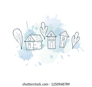 Set of vector houses, trees. Composition in doodle style with watercolor splash texture.