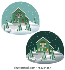 Set of vector houses in winter landscape, day and night. Manor house, snow, trees in snow. Vector illustration