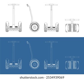 Set vector hoverboard with handle . electric transportation line art draw blueprint technical drawing from all view top corner side back isolated in transparent background 