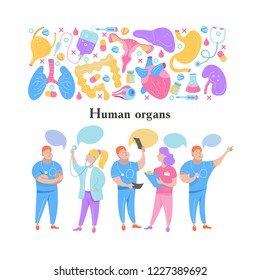 Set of vector human organs. Miniature doctors study and treat human organs. Vector concept of medical care.