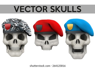 Set of Vector Human skulls with military berets on head. Vector Illustration isolated on background