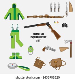 Set of vector hunter equipment.  Huntsman amunition vector collection. Flat colored military equipment for hunters or huntsman (ranger)