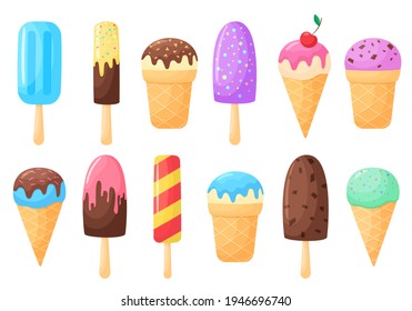 Set of vector ice cream in cartoon style. Ice cream in a cone, waffle cup, on a stick. Isolated on belm background. Summer beach desserts collection
