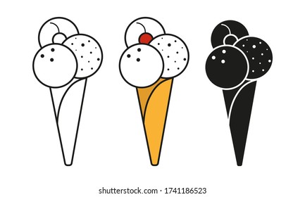 Conjunto de helados vectoriales aislados en fondo blanco. Contorno, silueta y helados de colores. Elementos de diseño de comida para el menú, logotipo de panadería, web, postales.