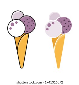 Set of vector ice cream cones isolated on white background. Outline and colored lavender ice cream cones. Food design elements for the menu, bakery logo, web, postcards.