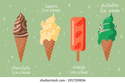 Set of vector ice cream illustrations, isolated on pastel green background, cute cartoon style. Suitable for menu, flyer, ads, sticker and design products