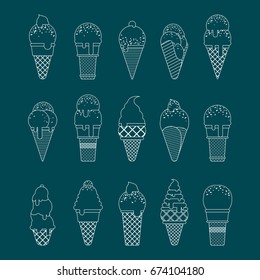 Set of vector ice cream illustrations. Collection of white ice cream vector images on a bright background. 