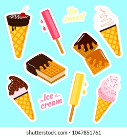 Set of vector ice cream and waffles stickers in flat design. Cute sweet set of stickers.