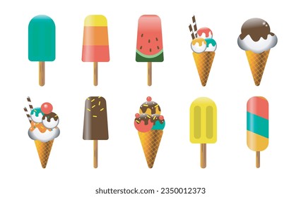 Set of vector ice creams on white background. Different colorful ice cream. Vector  sundae