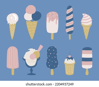 Set von Vektorgrafiken-Illustrationen. Kollektion von mehrfarbigen, stylischen Eis-Symbolen.
