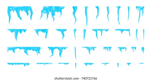 Set of Vector Icicles Isolated on White Background. 35 Different Icicles. Different Shapes and Sizes. Flat Style.