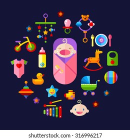 Set of vector icon set baby toys, feeding and care