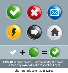Set of vector icon buttons in six basic colors. Icon's Light, Shadow, Symbol, Color and Embossing are in separate layers. Insert any symbol and change to any color by modifying the respective layer.