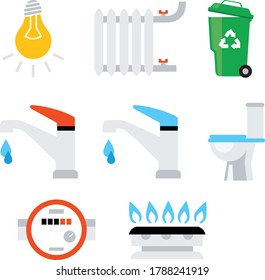 Set of Vector icon. In closes such color icons as bulb, gas, toilet, water tap, trash can, battery, Water Icon and more.Vector home. Home heating and cooling system icons set. Vector Illustration
