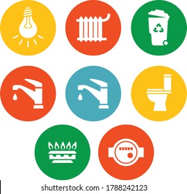 Set of Vector icon. In closes such color icons as bulb, gas, toilet, water tap, trash can, battery, Water Icon and more.Vector home. Home heating and cooling system icons set. Vector Illustration
