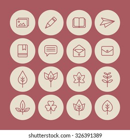 A set of vector icon for fall, autumn, love, memory, pencil, paper plane, photo, book, bag, envelope, leaf, leaves, letter.