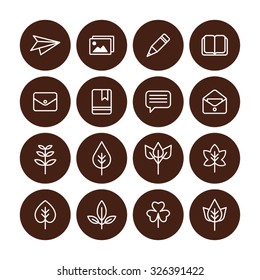 A set of vector icon for fall, autumn, love, memory, pencil, paper plane, photo, book, bag, envelope, leaf, leaves, letter.
