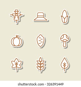 A set of vector icon for fall, autumn, love, memory, leaf, leaves, mushroom, hat, corn, sweet potato, scarecrow, maple, pumpkin.
