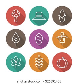 A set of vector icon for fall, autumn, love, memory, leaf, leaves, mushroom, hat, corn, sweet potato, scarecrow, maple, pumpkin.