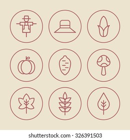 A set of vector icon for fall, autumn, love, memory, leaf, leaves, mushroom, hat, corn, sweet potato, scarecrow, maple, pumpkin.