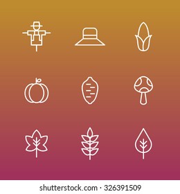 A set of vector icon for fall, autumn, love, memory, leaf, leaves, mushroom, hat, corn, sweet potato, scarecrow, maple, pumpkin.