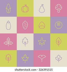 A set of vector icon for fall, autumn, love, memory, leaf, leaves, mushroom, pumpkin, corn, fallen leaves, ginkgo, maple, chestnut, sweet potato, persimmon.