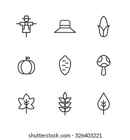 A set of vector icon for fall, autumn, memory, hat, corn, scarecrow, sweet potato, mushroom, pumpkin, maple.