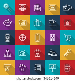 A set of vector icon graphic for business, finance, office, company, stock, dollar, bag, graph, magnifier, cloud, monitor, card, credit, book, account, house, pig, coin, bank, folder, lock, security,