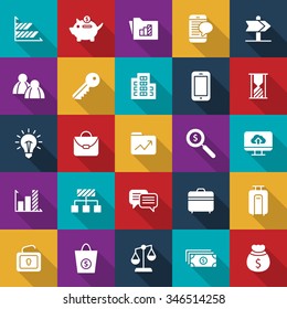 A set of vector icon graphic for business, finance, office, company, magnifier, cloud, luggage, mobile, chat, direction, coin bank, pig, folder, money, key, sand timer, building, messenger, graph,
