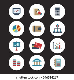 A set of vector icon graphic for business, finance, office, company, stock, monitor, document, calculator, pie, graph, wallet, network, chart, presentation, card, credit, stick, bank, diary, household