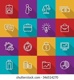 A set of vector icon graphic for business, finance, office, company, employee card, money, dollar, compass, chat, talk, messenger, bag, folder, scale, balances, necktie, real estate, monitor, graph,