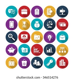 A set of vector icon graphic for business, finance, office, company, magnifier, cloud, luggage, mobile, chat, direction, coin bank, pig, folder, money, key, sand timer, building, messenger, graph,