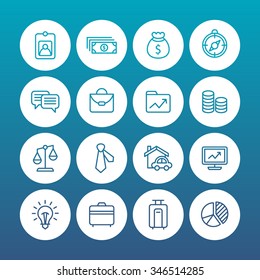 A set of vector icon graphic for business, finance, office, company, employee card, money, dollar, compass, chat, talk, messenger, bag, folder, scale, balances, necktie, real estate, monitor, graph,