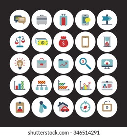 A set of vector icon graphic for business, finance, office, company, stock, talk, messenger, luggage, mobile, direction, scale, balances, money, dollar, pocket, mobile, phone, sand timer, bulb, bag,